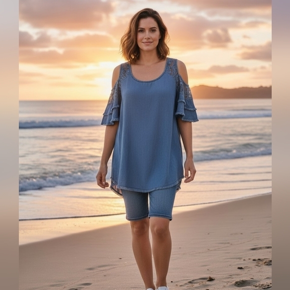Kut from the Kloth Tops - KUT- NWOT Blue Cold Shoulder Blouse W/Fringe Along Hem & Sleeve, Matching Lace.